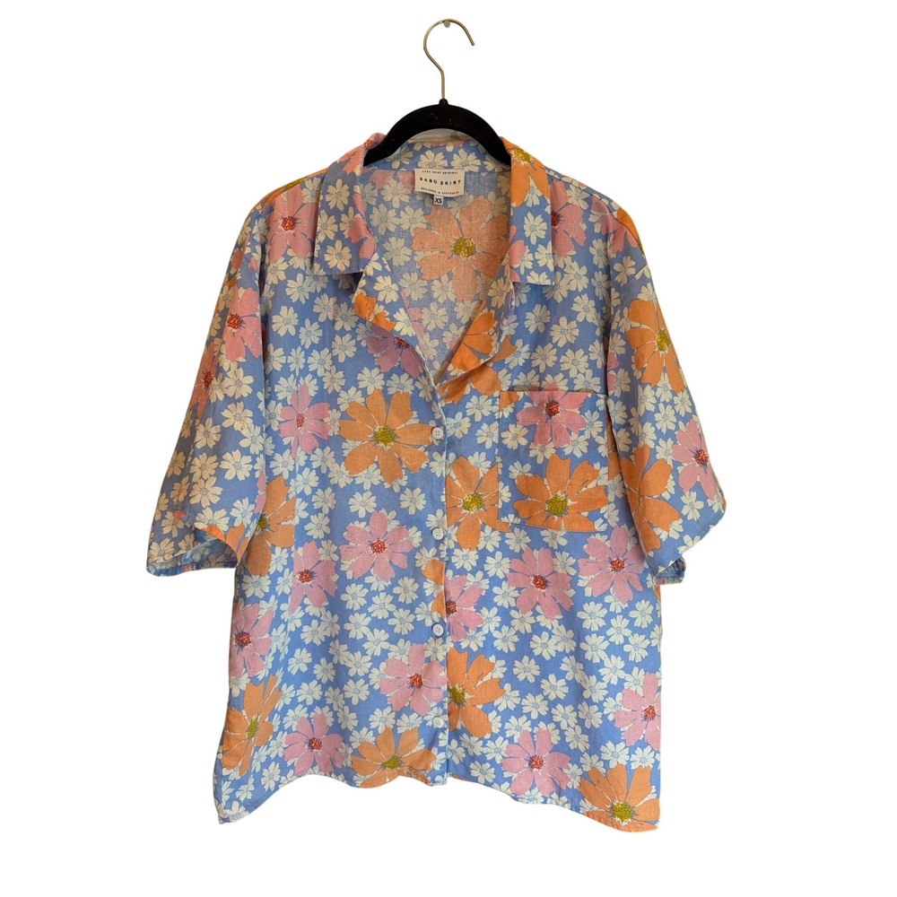 Sabo Skirt Floral Linen Cotton Button Down Shirt Blue Pink Orange XS